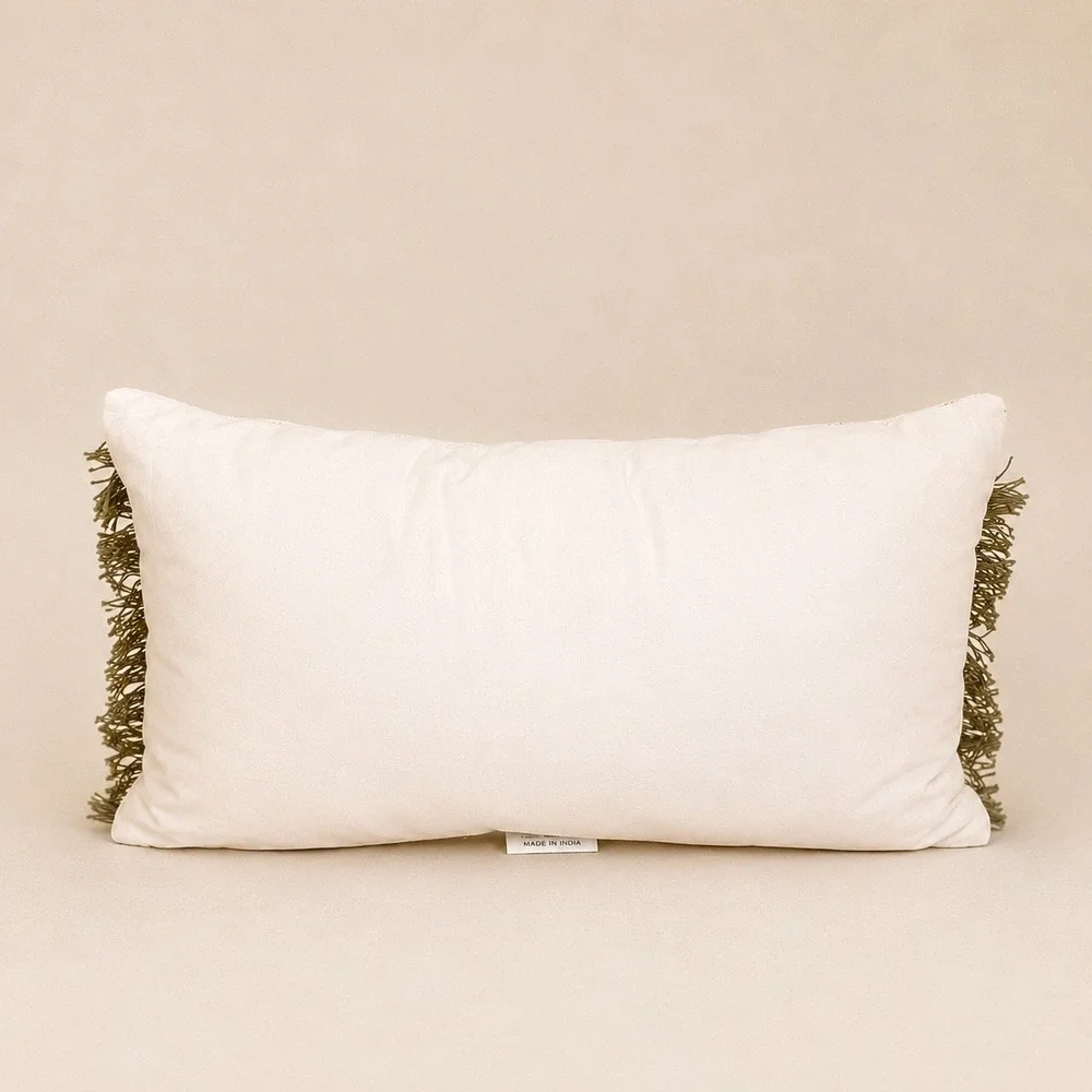 Threshold Olive Green Plaid Lumbar Toss Pillow with Fringe 14x24 Cotton Linen